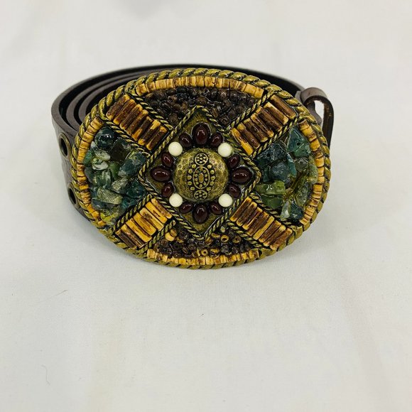 Vintage Accessories - Vintage Boho Stone Buckle Leather Belt